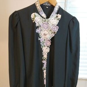 Vintage Black Embroidered Button Up Long Puff Sleeves Blouse Tunic Top Size M